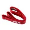 A red ATX® Power Band is folded in a loop with ATX printed in white on both sides. It is coiled neatly, highlighting its thick width and smooth texture.