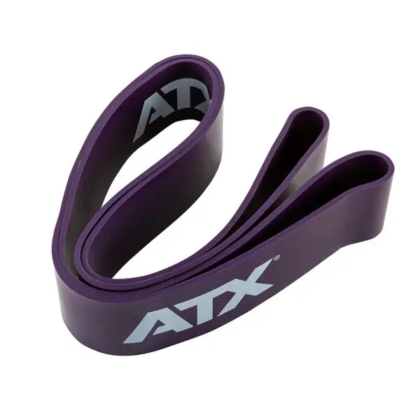 A coiled purple ATX® Power Band with ATX printed in white.