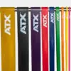 Seven ATX® Power Bands in yellow, black, purple, red, blue, green, and pink hang vertically from a rod.