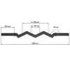 The FAT EZ Curl Bar features a zigzag design, measuring 1200 mm in length, with 230 mm grip ends and a 460 mm zigzag section divided into approximately 180 mm segments, all having a diameter of 50 mm.