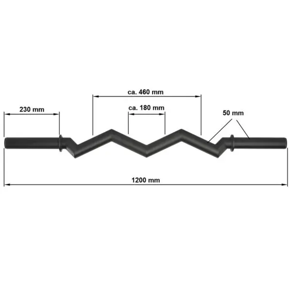 The FAT EZ Curl Bar features a zigzag design, measuring 1200 mm in length, with 230 mm grip ends and a 460 mm zigzag section divided into approximately 180 mm segments, all having a diameter of 50 mm.