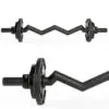The FAT EZ Curl Bar is a black zigzag barbell with weight plates on each end, designed for strength training exercises, featuring a unique angular shape for ergonomic grip options.