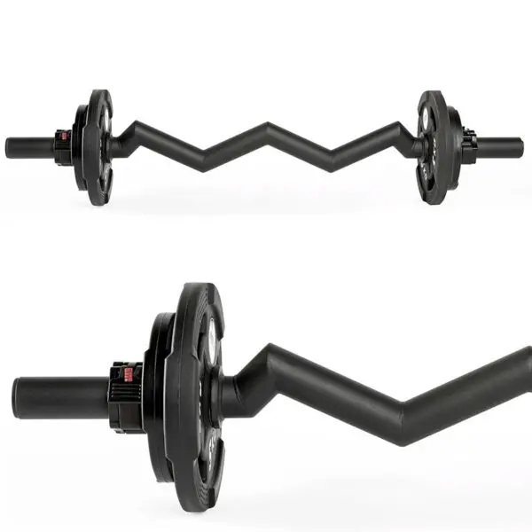 The FAT EZ Curl Bar is a black zigzag barbell with weight plates on each end, designed for strength training exercises, featuring a unique angular shape for ergonomic grip options.
