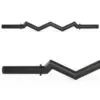 A FAT EZ Curl Bar, with a zigzag shape and black finish, showcases its unique angled design from side and top views. The bar features smooth handles at each end, highlighting its construction and aesthetic appeal.