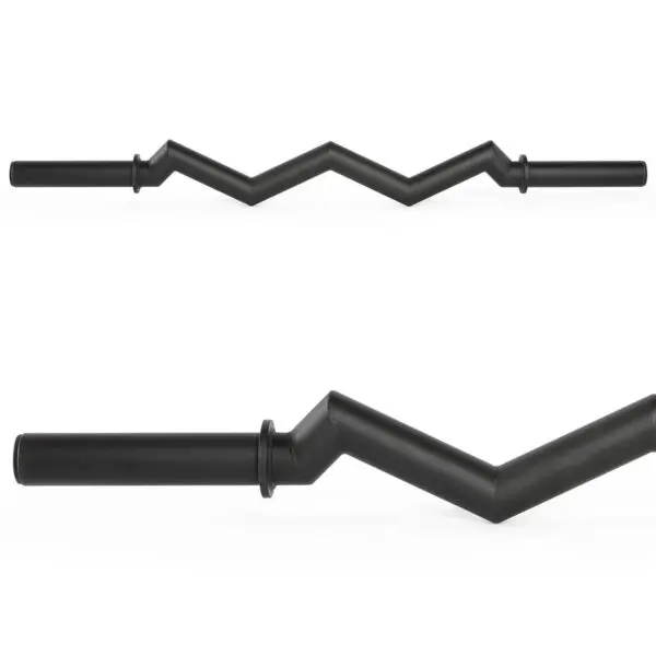 A FAT EZ Curl Bar, with a zigzag shape and black finish, showcases its unique angled design from side and top views. The bar features smooth handles at each end, highlighting its construction and aesthetic appeal.
