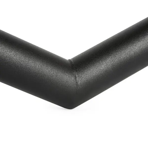 Close-up of the FAT EZ Curl Bar, featuring a black textured metal pipe bent at a 90-degree angle on a white background, showcasing its matte finish and smooth welding joint.