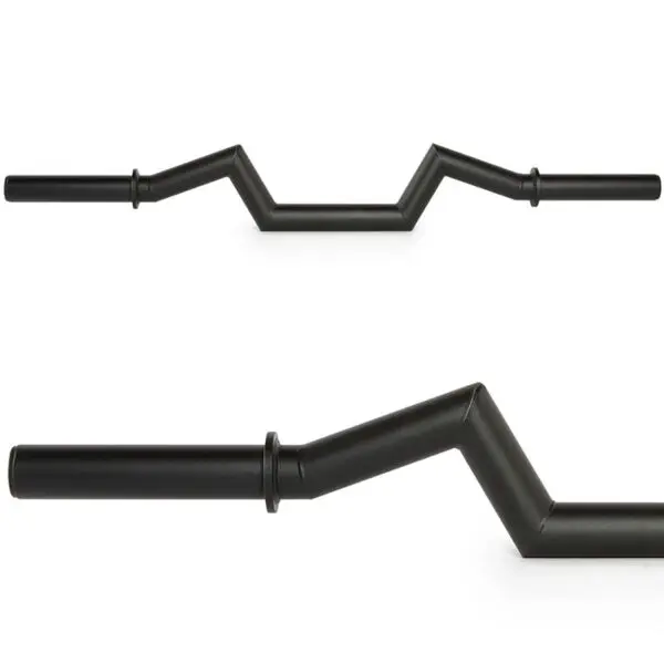 The FAT Super Curl Bar in black, displayed from two angles against a white background, features multiple angled bends for an ergonomic grip during workouts.