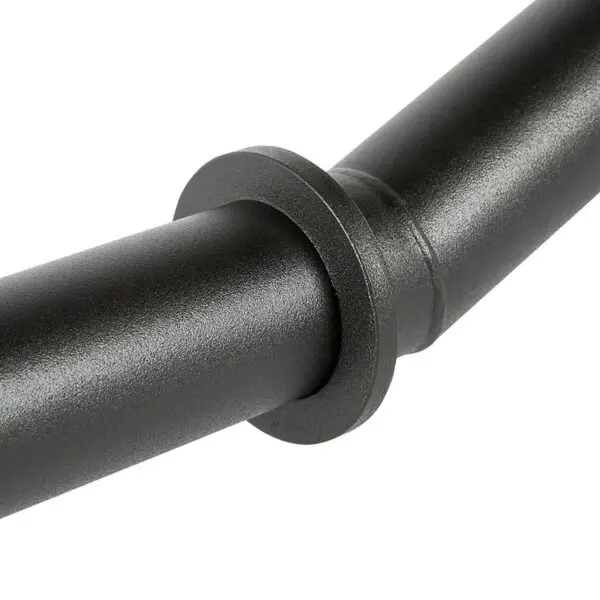 Close-up of the FAT Super Curl Bar, showcasing its dark metal with a textured surface. The bar features a circular flange at the connection point of two sections, set against a plain white background.