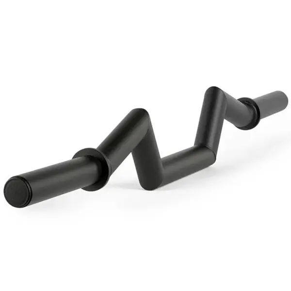 The FAT Super Curl Bar is a black zigzag-shaped bar with cylindrical grips at both ends, perfect for weightlifting exercises such as bicep curls or tricep extensions.