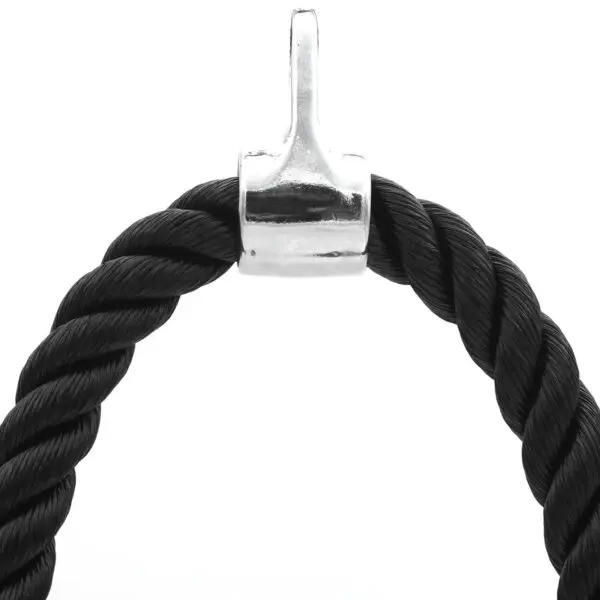 Close-up of the Power Maxx Tricep Rope XL, featuring a black twisted cable with a shiny silver cap, set against a plain white background.