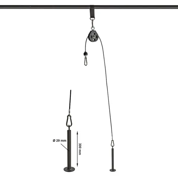 The ceiling-mounted Cable Pulley System (High) includes two weighted ropes, a pulley, and a cable clip. One weight is 29 mm in diameter and 300 mm tall, highlighting the dynamic positioning possible with this efficient design.