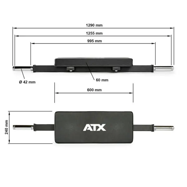 Diagram of a 1290mm ATX® weightlifting bar showing an optional Hip Thruster Attachment. Sections: 60mm center, 600mm frame, and 995mm between supports; diameter is 42mm. A padded area featuring the ATX logo is at the center.