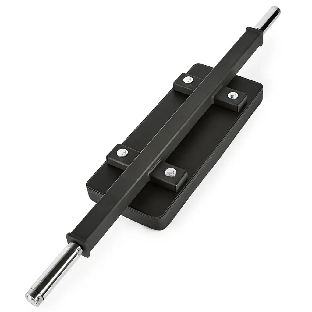 The ATX® Hip Thruster Attachment is a black adjustable weightlifting bar with silver cylindrical ends and a padded central support. It has a rectangular flat black cushion for neck or shoulder support, enhancing exercise versatility in your workout routine.
