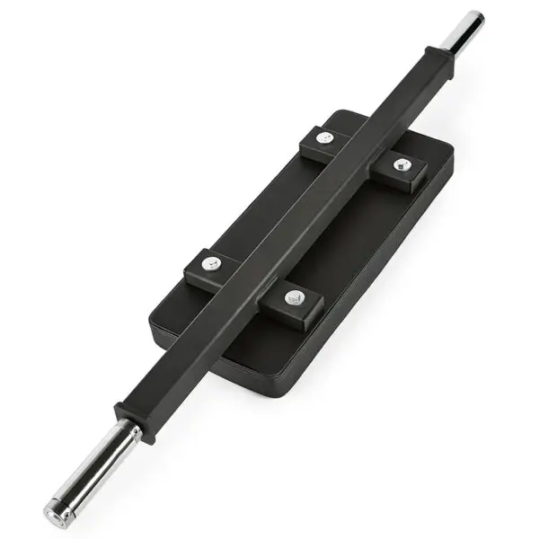 The ATX® Hip Thruster Attachment is a black adjustable weightlifting bar with silver cylindrical ends and a padded central support. It has a rectangular flat black cushion for neck or shoulder support, enhancing exercise versatility in your workout routine.