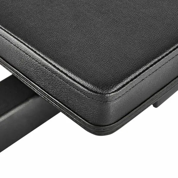 Close-up of a black leather bench seat with visible stitching, attached to a sturdy structure. The leather texture and solid build are highlighted, featuring the innovative ATX® Hip Thruster Attachment for enhanced workout versatility.
