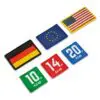 Image of five rectangular patches arranged in two rows. The top row displays the flags of Germany, the European Union, and the USA. The bottom row features weight options for the ATX® Tactical Weight Vest: 10 lb (4.5 kg), 14 lb (6.4 kg), and 20 lb (9.1 kg).