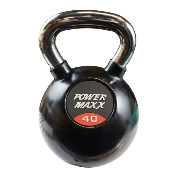 A black Power Maxx 40kg kettlebell featuring a shiny handle, with POWER MAXX and 40 in red and white on the front.