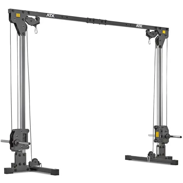 The ATX® Cable Crossover 500 198cm is a black strength training machine with adjustable pulleys and handles, featuring a robust frame and multiple settings for diverse exercises.