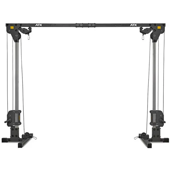 The ATX® Cable Crossover 500 198cm is a robust machine with dual weight stacks, pulleys, adjustable cables, and attachments for versatile resistance exercises, ideal for strength training and fitness routines in gyms.