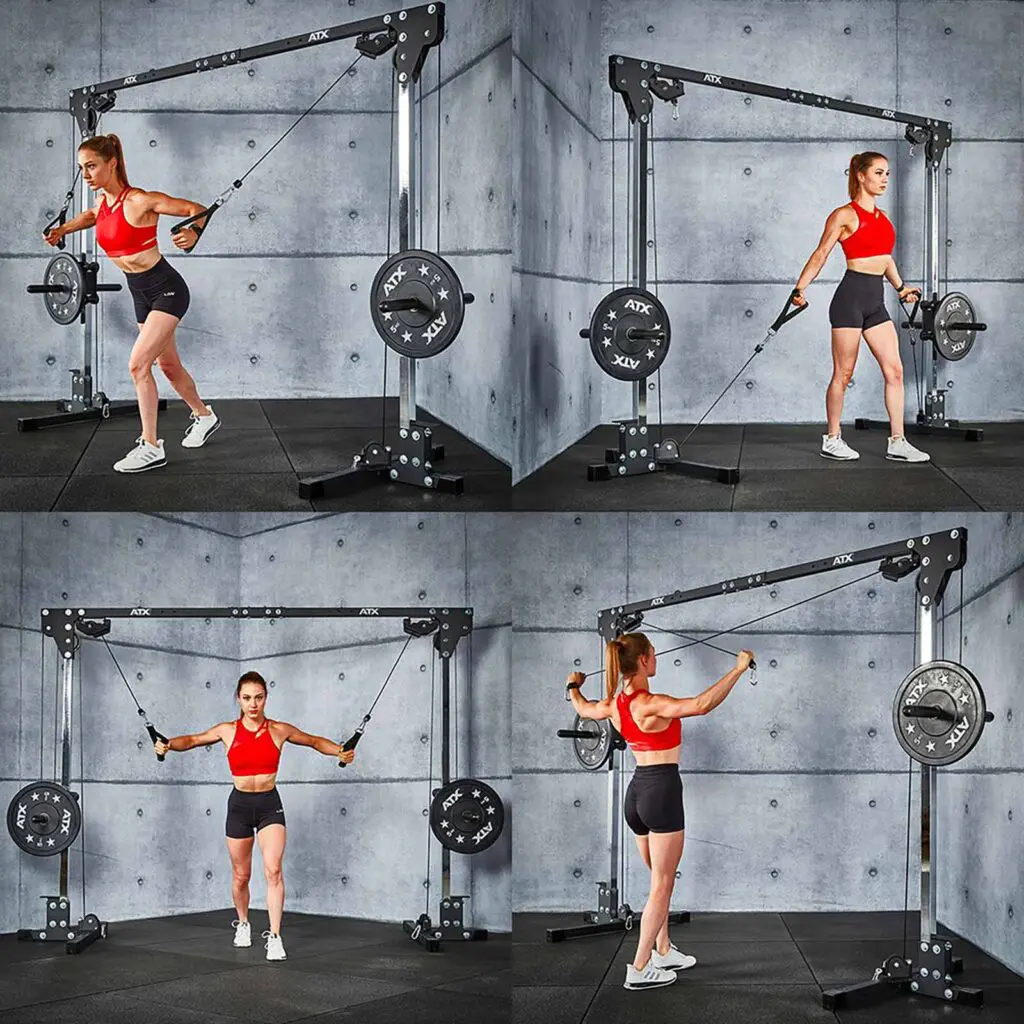 A woman wearing a red top and black shorts uses the ATX® Cable Crossover 500 198cm for chest flys, bicep curls, and shoulder presses in a modern gym featuring gray walls and black flooring.