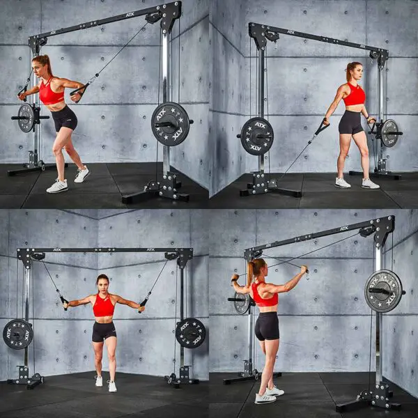 A woman wearing a red top and black shorts uses the ATX® Cable Crossover 500 198cm for chest flys, bicep curls, and shoulder presses in a modern gym featuring gray walls and black flooring.