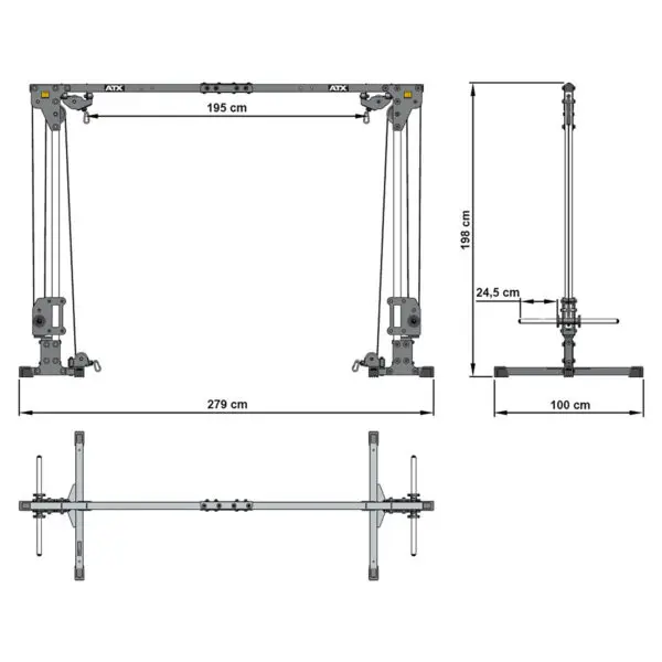 Diagram of the ATX® Cable Crossover 500 198cm multi-exercise machine, showcasing front and side views. Dimensions: 279 cm width, 198 cm height, and 100 cm depth. Includes marked measurements, cables, and adjustable components.
