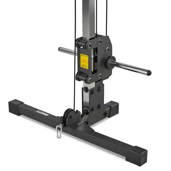 Heres a close-up of the ATX® Cable Crossover 500 198cm, featuring a black pulley system for strength training. It has a vertical post with adjustable weights, two horizontal handles, and a sturdy base for stability.