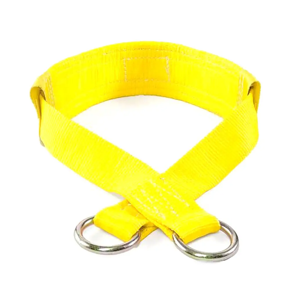 The Spud Inc Belt Squat Belt MEDIUM is a bright yellow nylon webbing lifting sling featuring metal D-rings at each end, showcased against a white background.