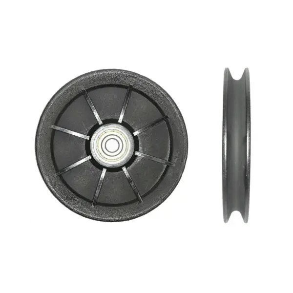 Two views of the Cable Pulley 115mm 10mmID feature a black plastic wheel with a central metal bearing. The first view displays spoke-like structures on the front, while the second view highlights its side profile, showing thickness and groove.