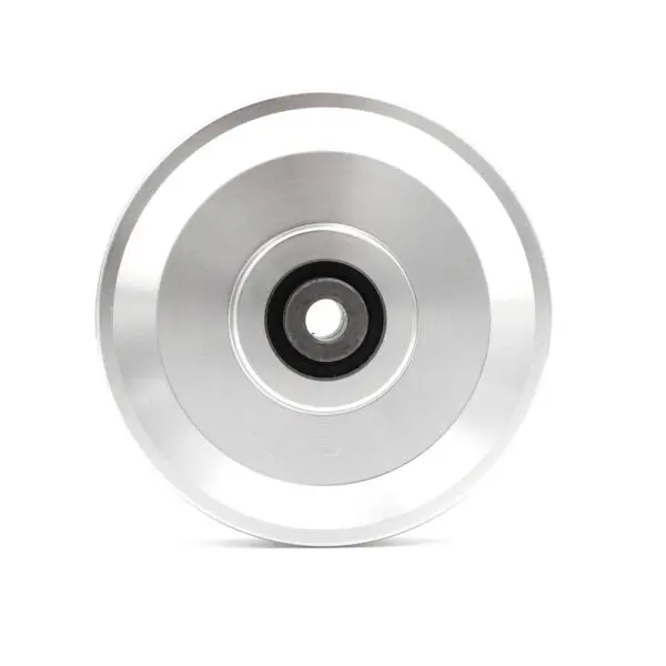 The 115mm Aluminium Pulley 10mmID features a metallic design with a central black hub, displayed against a white background. It boasts a smooth, polished surface with a slightly elevated outer rim.