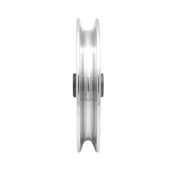 The 115mm Aluminium Pulley 10mmID features a smooth, round surface with a central groove, designed to rotate on an axis for guiding cables or belts in mechanical applications.