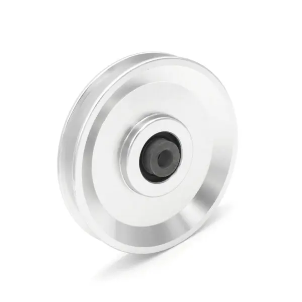 A 115mm Aluminium Pulley with a 10mm ID, featuring a silver metal exterior and a black center bearing on a white background. The design is smooth and circular with two distinct grooves.