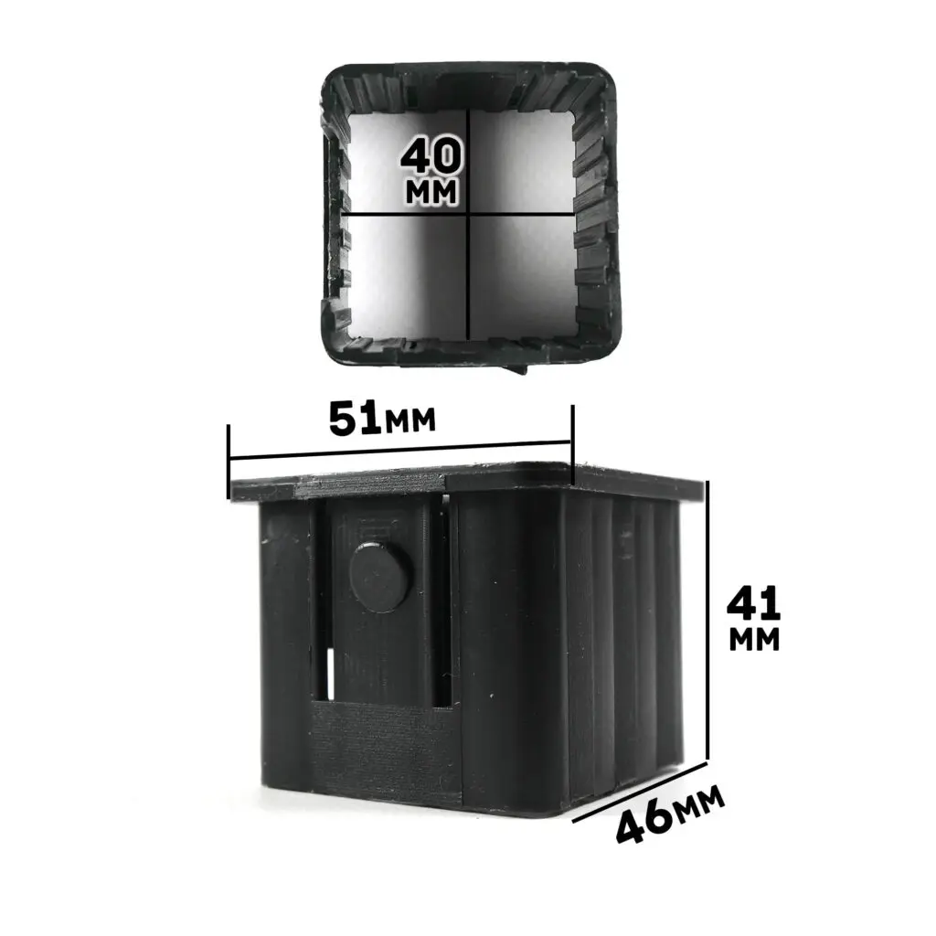 The Upright Sleeve Insert 40x40 is black, square, and hollow with ridged sides. It measures 51mm wide, 46mm deep, and 41mm high, and features an inside square of 40mm. Two images display the insert from various angles with dimensions.