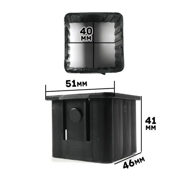 The Upright Sleeve Insert 40x40 is black, square, and hollow with ridged sides. It measures 51mm wide, 46mm deep, and 41mm high, and features an inside square of 40mm. Two images display the insert from various angles with dimensions.