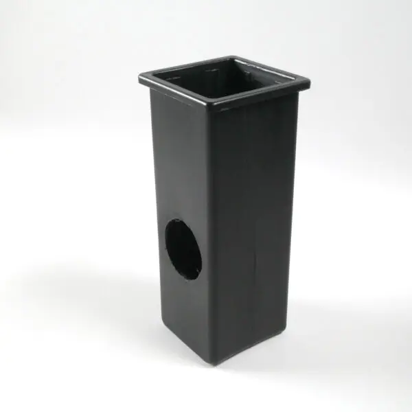 The Upright Sleeve Insert 40x40x120 is a black rectangular plastic container featuring a hole on one side, set against a plain white background.