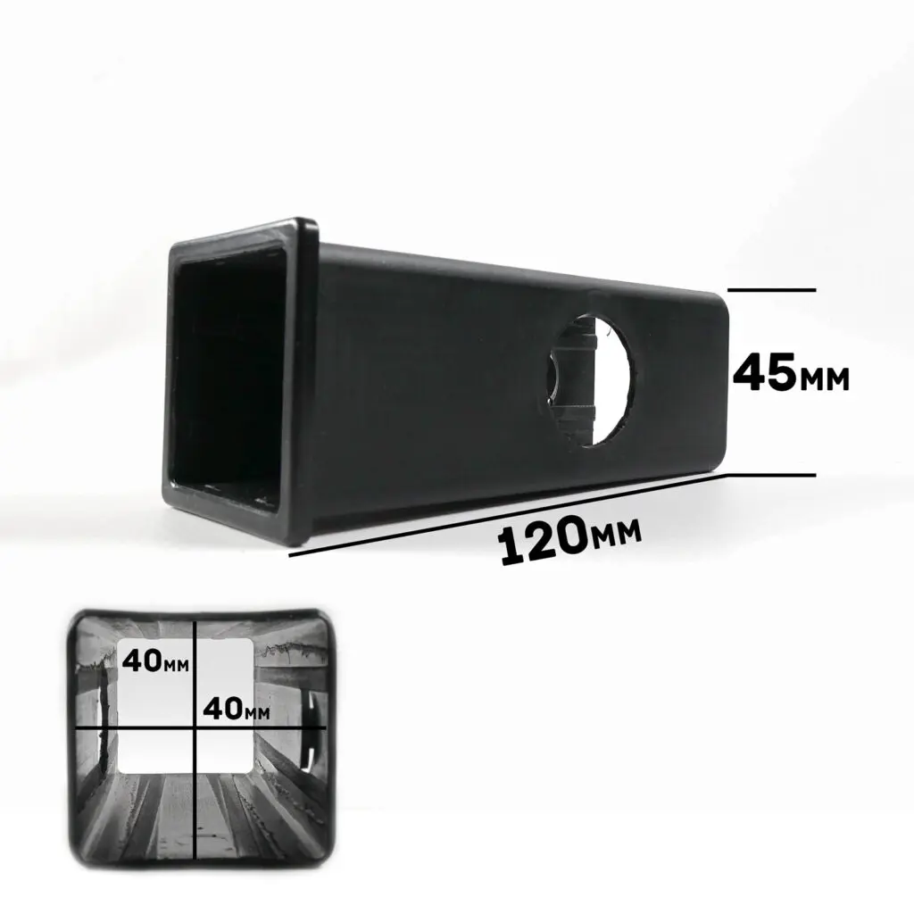 The Upright Sleeve Insert 40x40x120 is a black rectangular adapter, 120mm long and 45mm high, featuring a circular hole on one side and a 40mm square opening at one end.