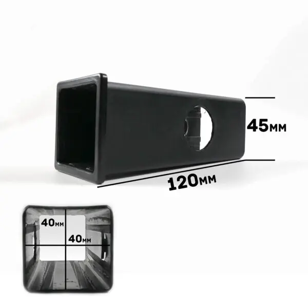 The Upright Sleeve Insert 40x40x120 is a black rectangular adapter, 120mm long and 45mm high, featuring a circular hole on one side and a 40mm square opening at one end.