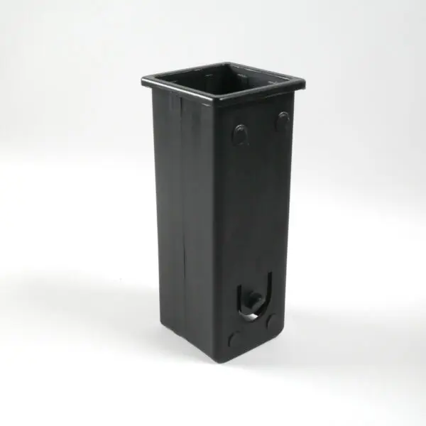 The Upright Sleeve Insert 40x40x120 is a tall, black plastic planter featuring a rectangular shape with a smooth surface and drainage hole near the bottom, displayed against a plain white background.