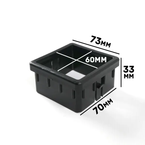 The Upright Sleeve Insert 75x75 is a pot with a black square design, measuring 73mm wide, 70mm deep, and 33mm tall. The interior dimensions are noted as 60mm.
