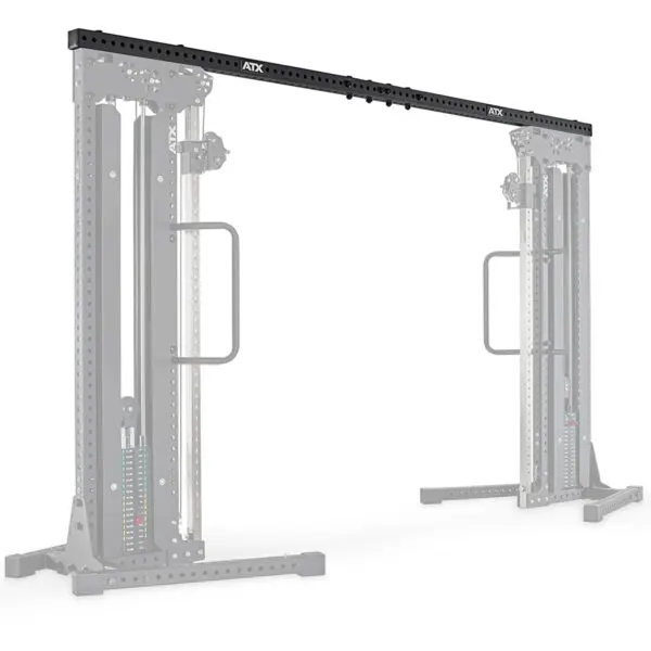 Image of the ATX® Cable Crossover Connector. This sleek, modern equipment features a robust frame with two adjustable weight stacks on each side, connected by a crossbar and equipped with handles for versatile strength training exercises.