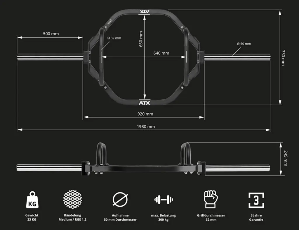 Diagram of a hex barbell with detailed measurements. The bars dimensions are 1930 mm in length, 650 mm width with handles, and 90 mm handle height. Weight is 22 kg, max load 300 kg. Features include medium knurling and a 3-year warranty, making this trap bar ideal for serious lifting sessions.