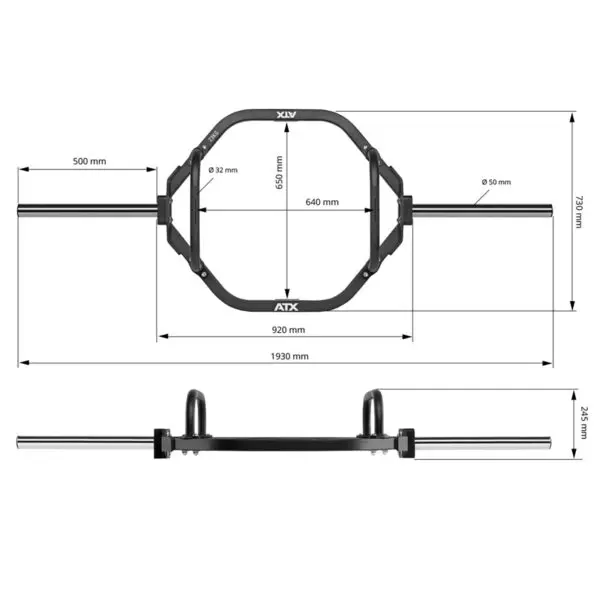 Diagram of a hex trap barbell with measurements. The central hexagon measures 920 mm wide and 640 mm deep. Side handles extend to a total length of 1930 mm with diameters of 32 mm and 50 mm. Bar height is 237 mm, and the width including rack hooks is 245 mm.