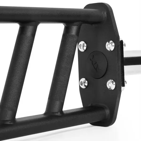 Close-up of the ATX® Angular Multi Grip Bar - 50 mm, crafted in black steel with knurled grips and a textured finish. The bars angled ends and silver bolts stand out against a white background, highlighting its unique design.
