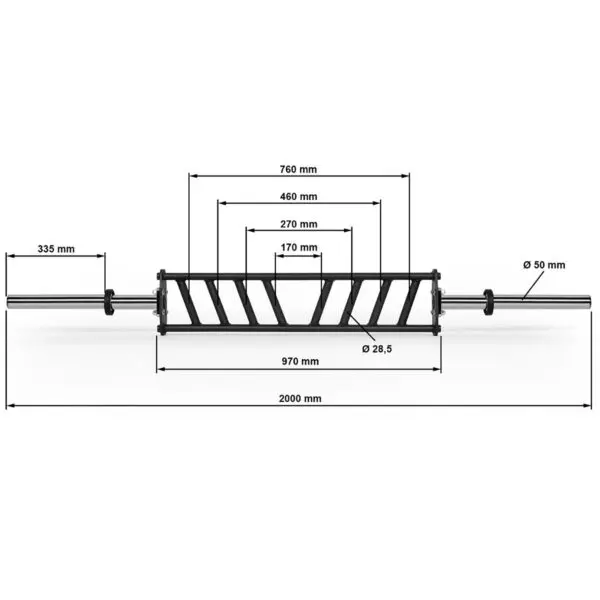 The ATX® Angular Multi Grip Bar - 50 mm has a total length of 2000 mm with a grip section of 970 mm featuring triangular cutouts and a handle space of 170 mm. Inner sections measure 270, 460, and 760 mm, with diameters of 28.5 mm for the grip and ends at 50 mm; handle height is 335 mm.