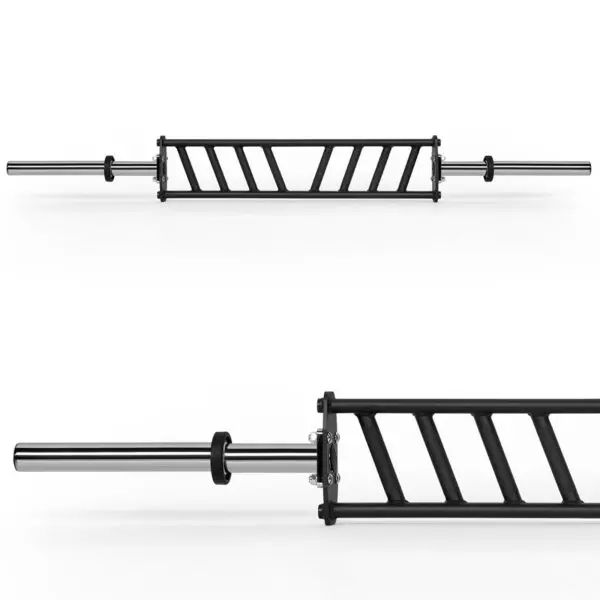 Two views of a black and silver ATX® Angular Multi Grip Bar - 50 mm on a white background; the top shows its full length, while the bottom highlights the handle with diagonal grips.