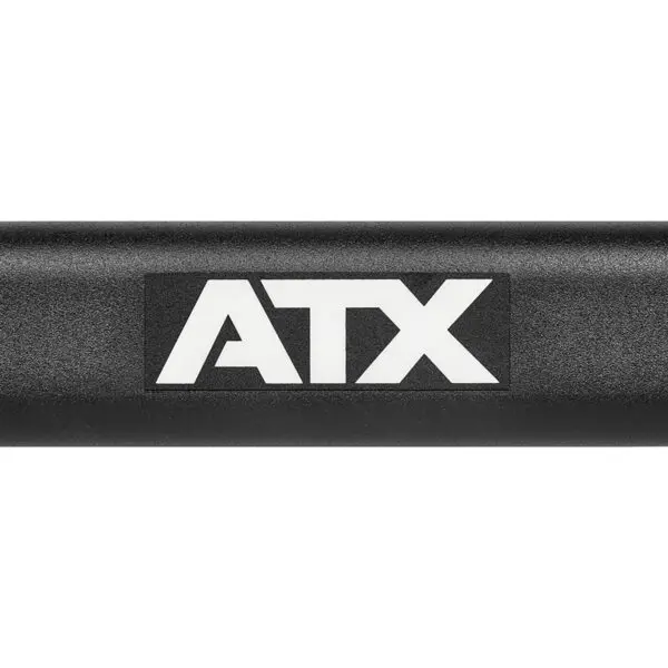 A close-up image of a black bar with ATX in bold white font, featuring a textured surface, likely from the ATX® Olympic Parallel Multi-Grip Bar fitness equipment.