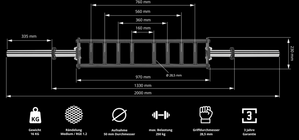 The ATX® Olympic Parallel Multi-Grip Bar includes a diagram showing its total length of 2000 mm, segment lengths, handle details, weight, knurling specifics, grip diameter, maximum load capacity, knurl width, and sleeve length.
