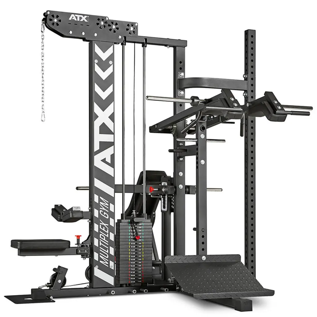 The ATX® MultipleX Multi Gym - 700 is a black, multi-station gym machine with weights, adjustable cables, and various attachments for diverse exercises. It features a robust steel frame and is ideal for strength training and full-body workouts.