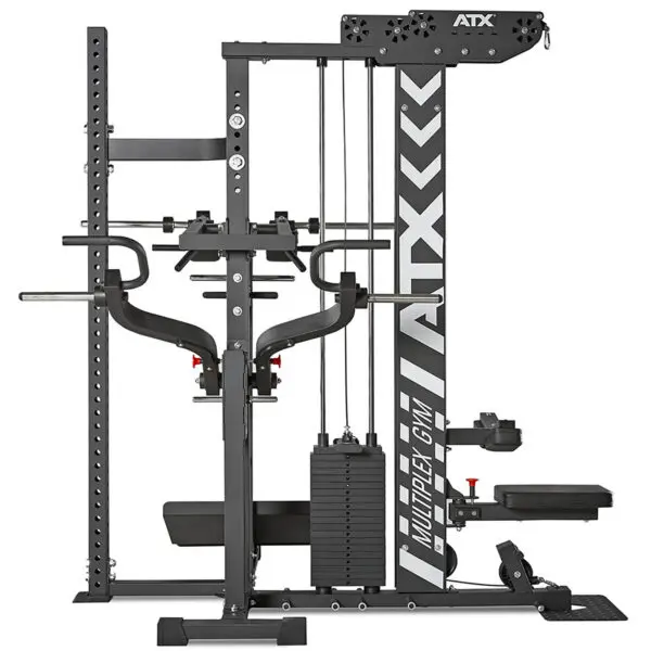 The ATX® MultipleX Multi Gym - 700 combines a squat rack, cable pulleys, weight stack, dip bars, and bench press in a sleek metallic design for versatile strength training.