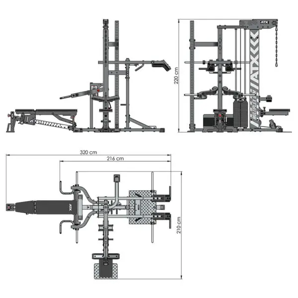 Diagram of the ATX® MultipleX Multi Gym - 700 showing side, front, and top views with workout stations like bench press, cable pulleys, and leg extension. Includes labeled dimensions for height, width, and depth.